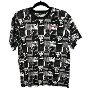 Nike Tee Men's M Just Do It All Over Print Red Swoosh Logo Dri‎ Fit Black White